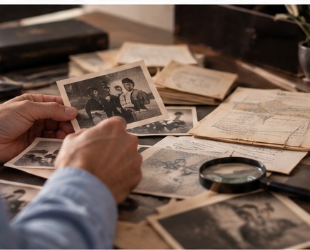 Fotografías familiares, mapas y documentos históricos sobre una mesa de investigación